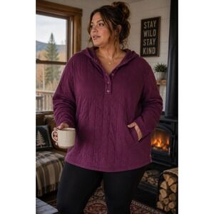 Lands End Womens XL Burgundy Quilted Pullover Hoodie Snap Neck Sweatshirt